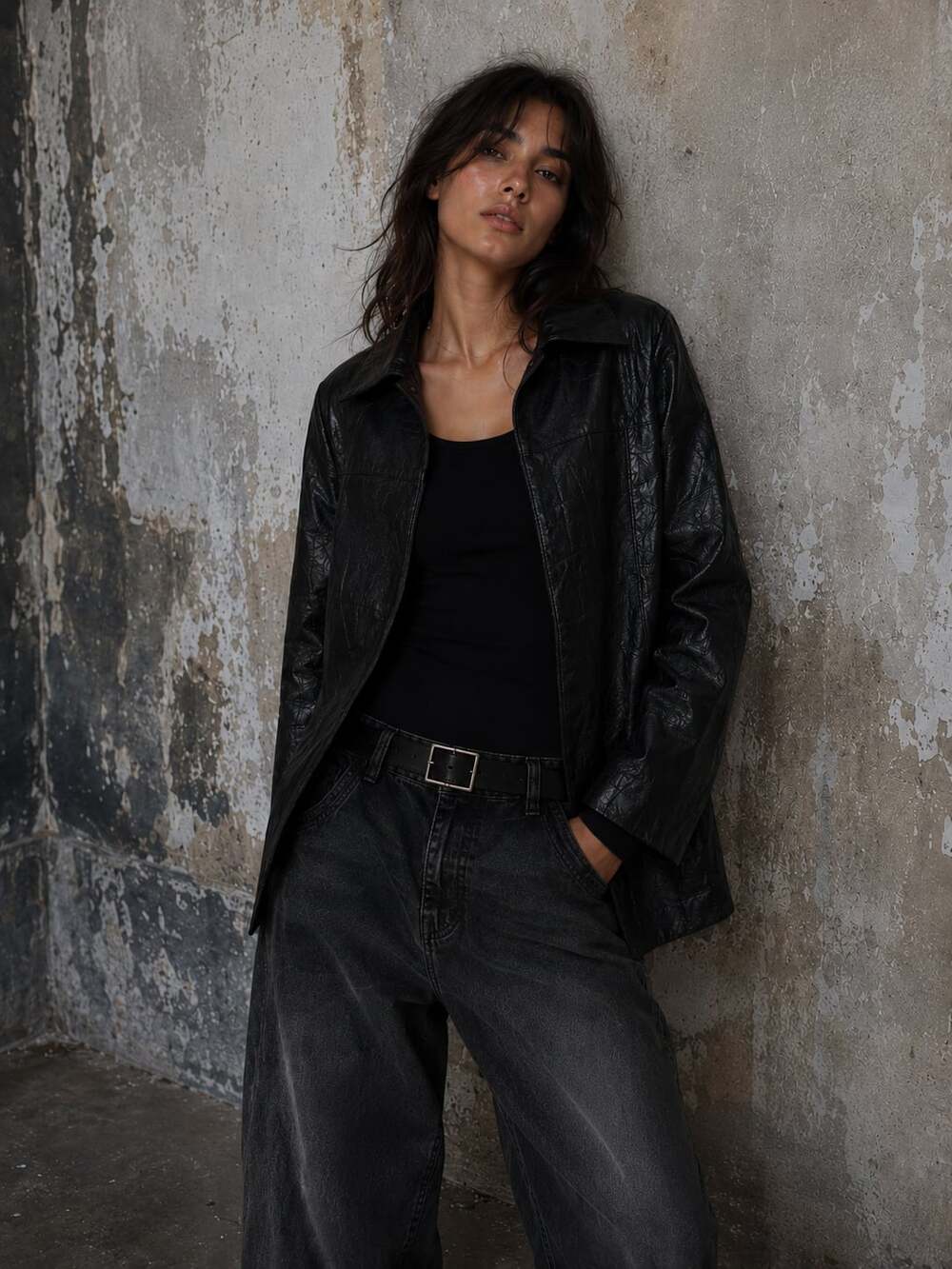 Vintage Black 100% Leather Patchwork Grunge Crop Button Up Collared Jacket